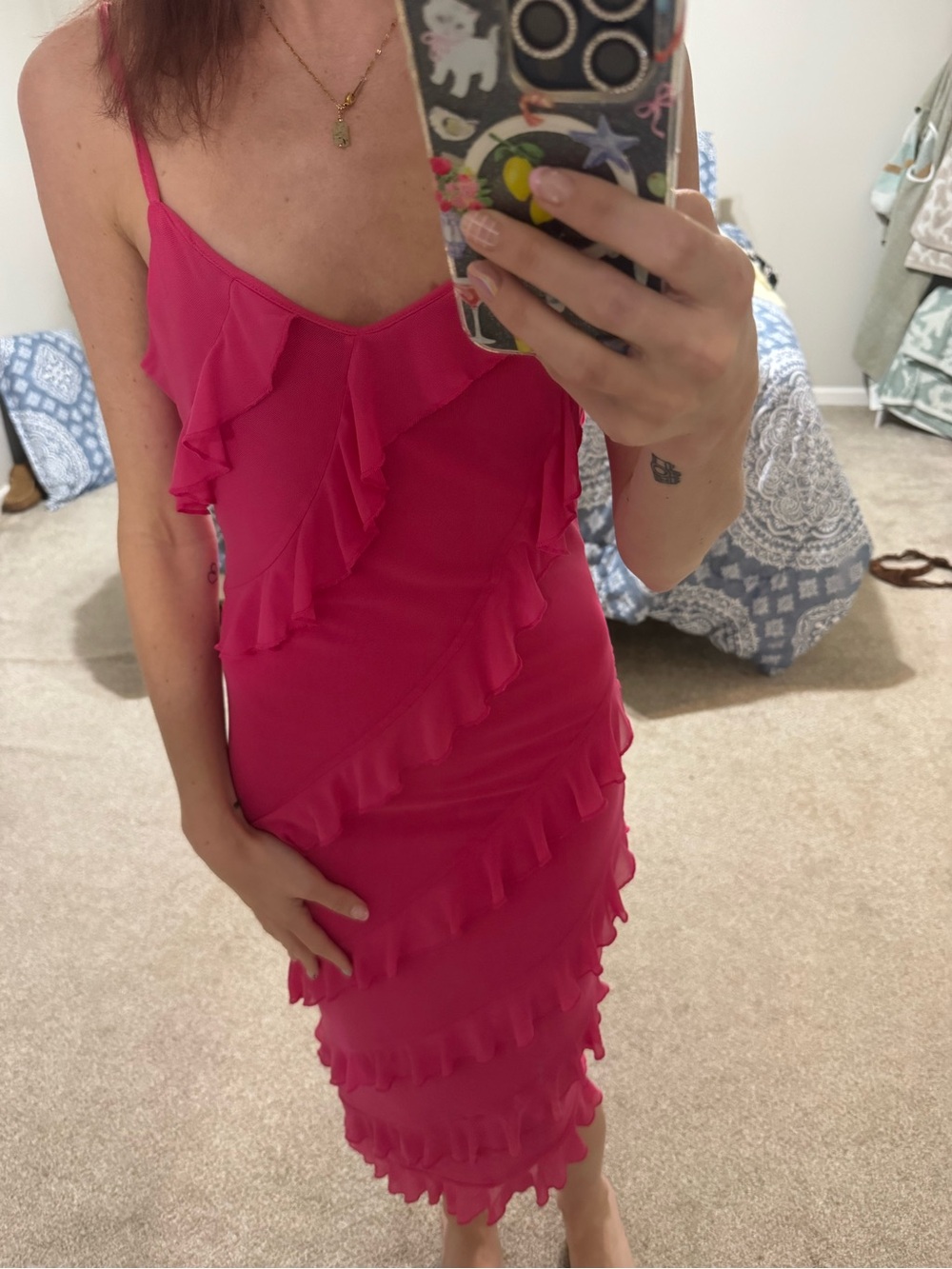 SHEIN Hot Pink Asymmetrical Ruffle Slip Dress